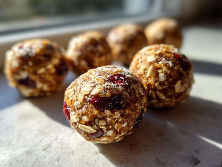 Close-up of several No-Bake Lemon Blueberry Energy Bites coated in oats and dried fruit.