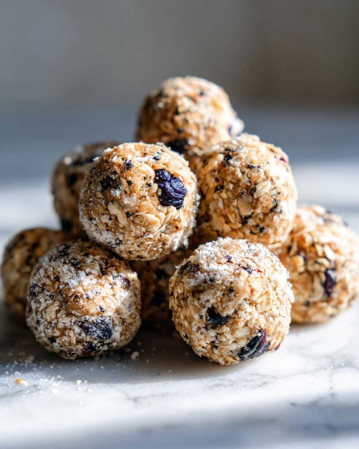 A stack of No-Bake Lemon Blueberry Energy Bites made with oats and dried blueberries, lightly dusted with powder.