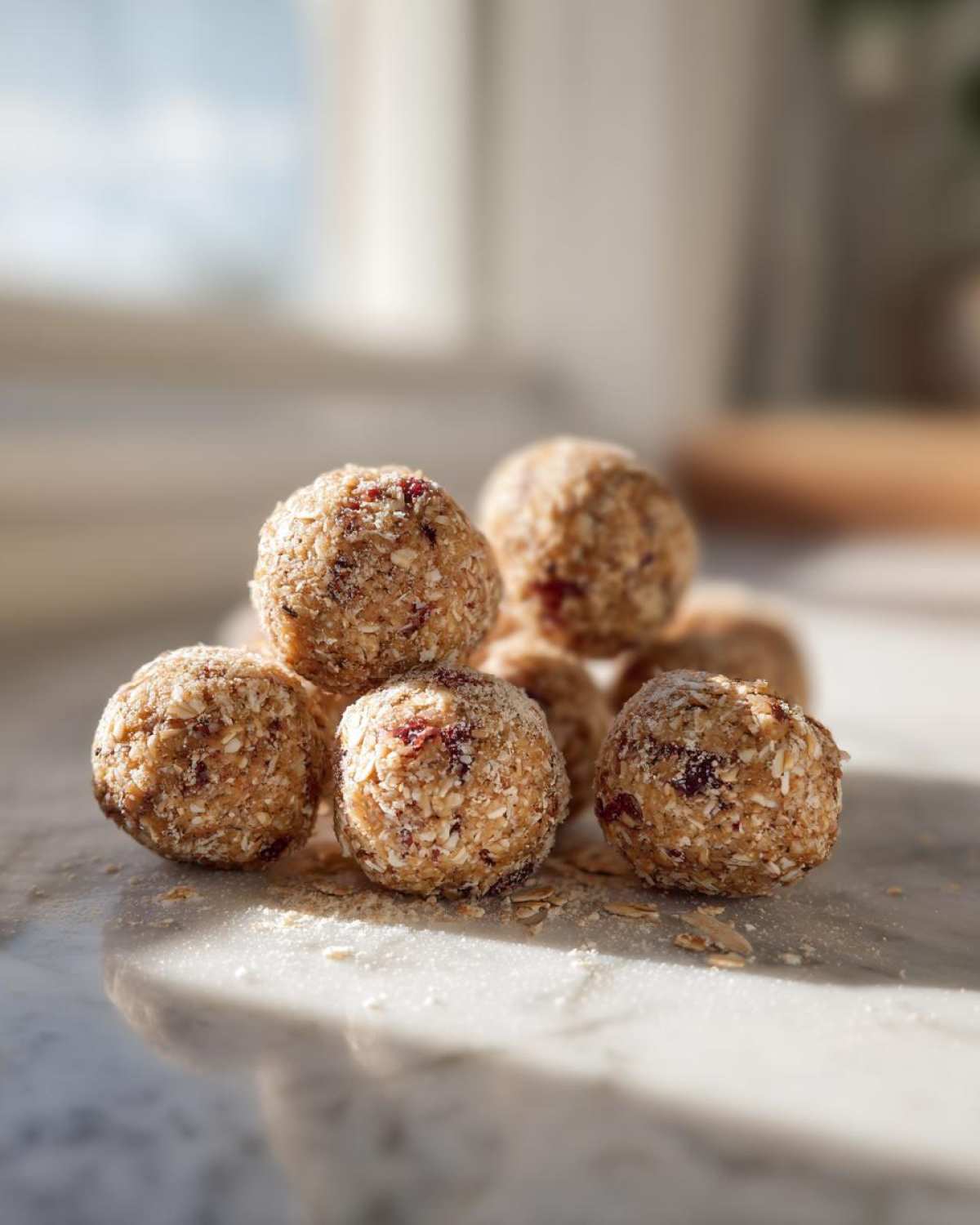 A small stack of No-Bake Lemon Blueberry Energy Bites coated in oats and resting on a marble surface.