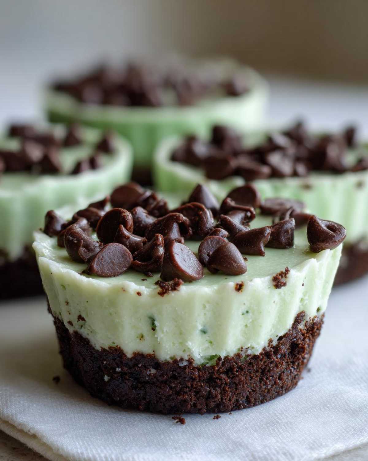 A close-up of a No-Bake Mint Chocolate Cheesecake Cup with a dark chocolate crust and mint filling topped with chocolate chips.