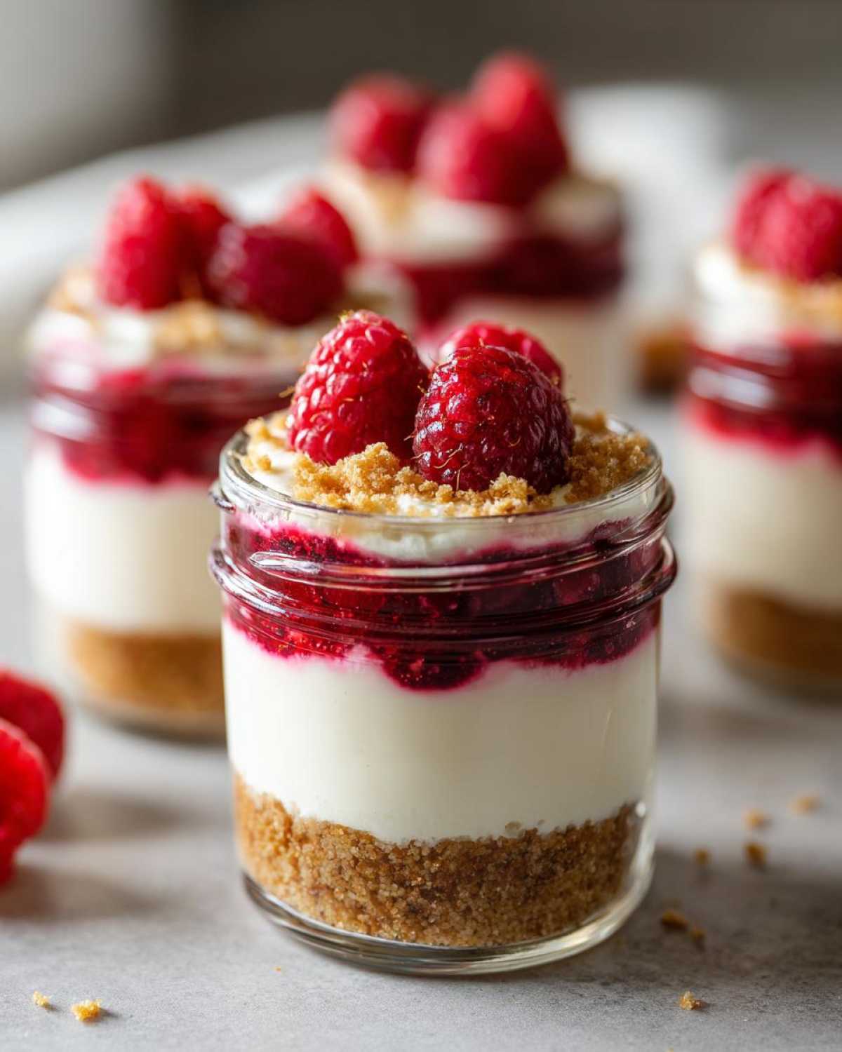 Close-up of a No-Bake Raspberry White Chocolate Cheesecake Jar showing graham cracker crust, white filling, and fresh raspberries.