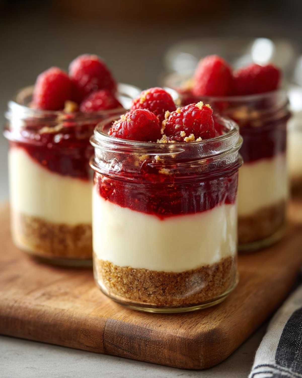 Close-up of No-Bake Raspberry White Chocolate Cheesecake Jars layered with graham cracker crust, cream filling, and topped with fresh raspberries.