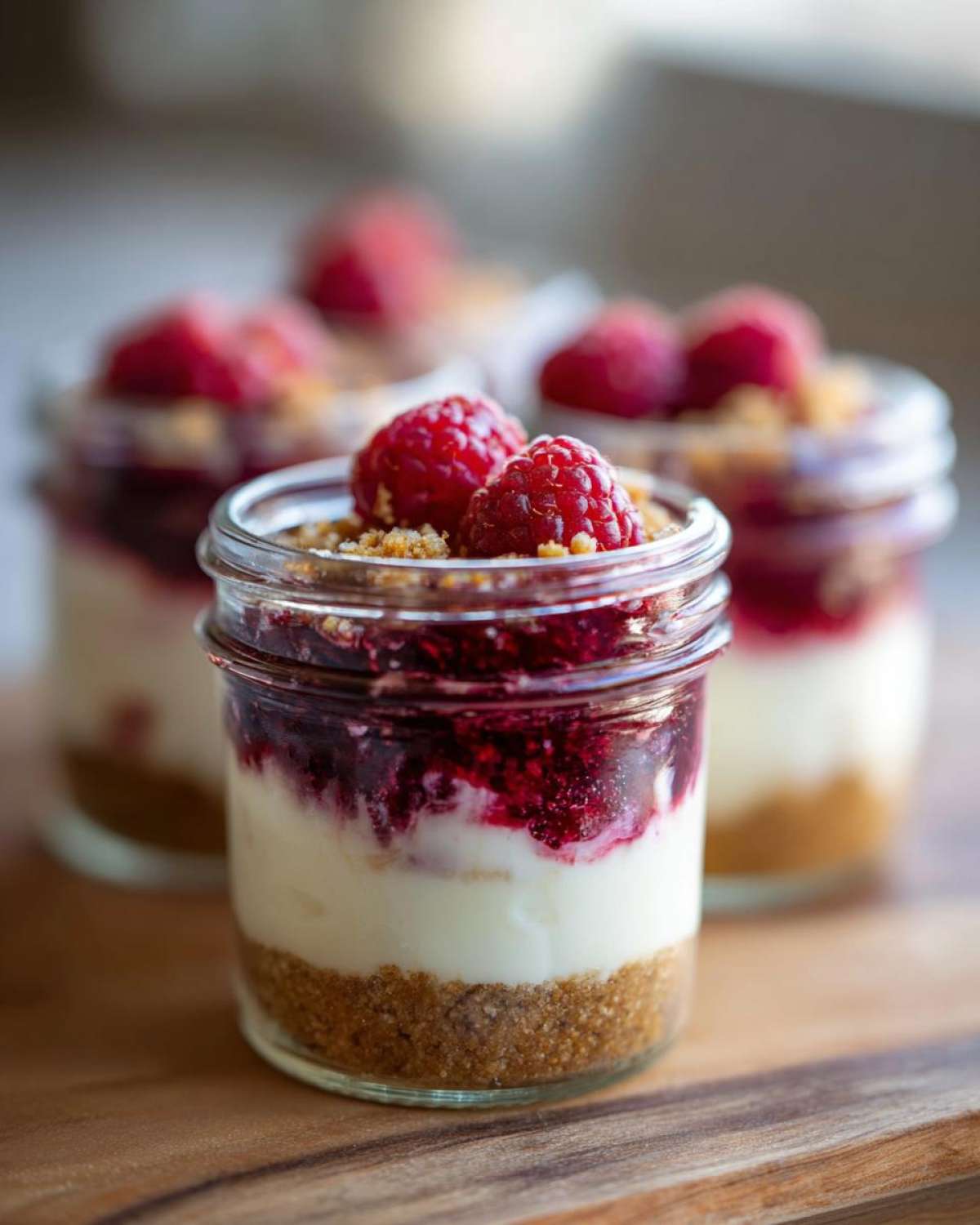 Close-up of No-Bake Raspberry White Chocolate Cheesecake Jars layered with crust, cream, and raspberry topping.