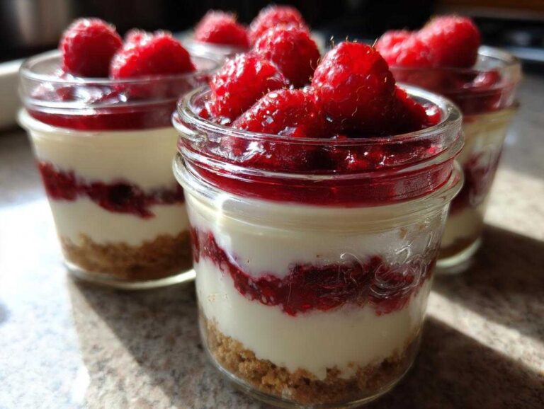 Close-up of layered No-Bake Raspberry White Chocolate Cheesecake Jars topped with fresh raspberries.