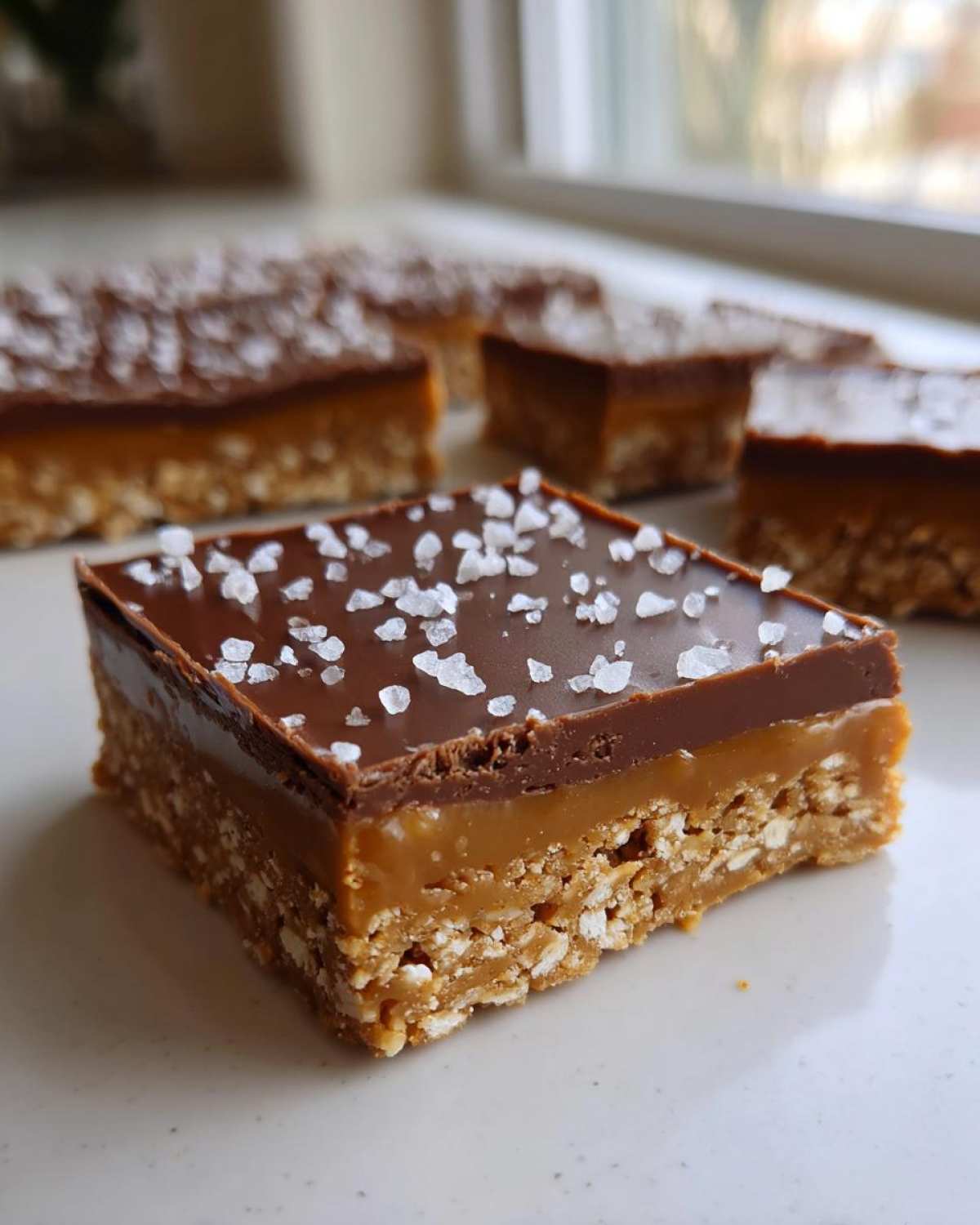 A single square of No-Bake Salted Caramel Pretzel Bars with a thick base, caramel layer, chocolate top, and sea salt.