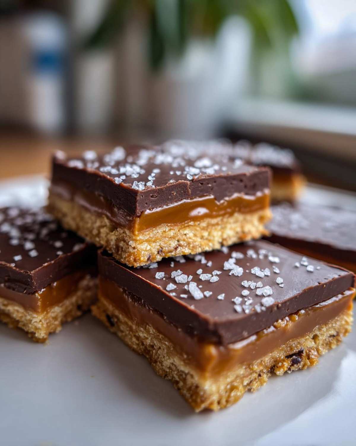 A stack of rich No-Bake Salted Caramel Pretzel Bars topped with flaky sea salt on a white plate.
