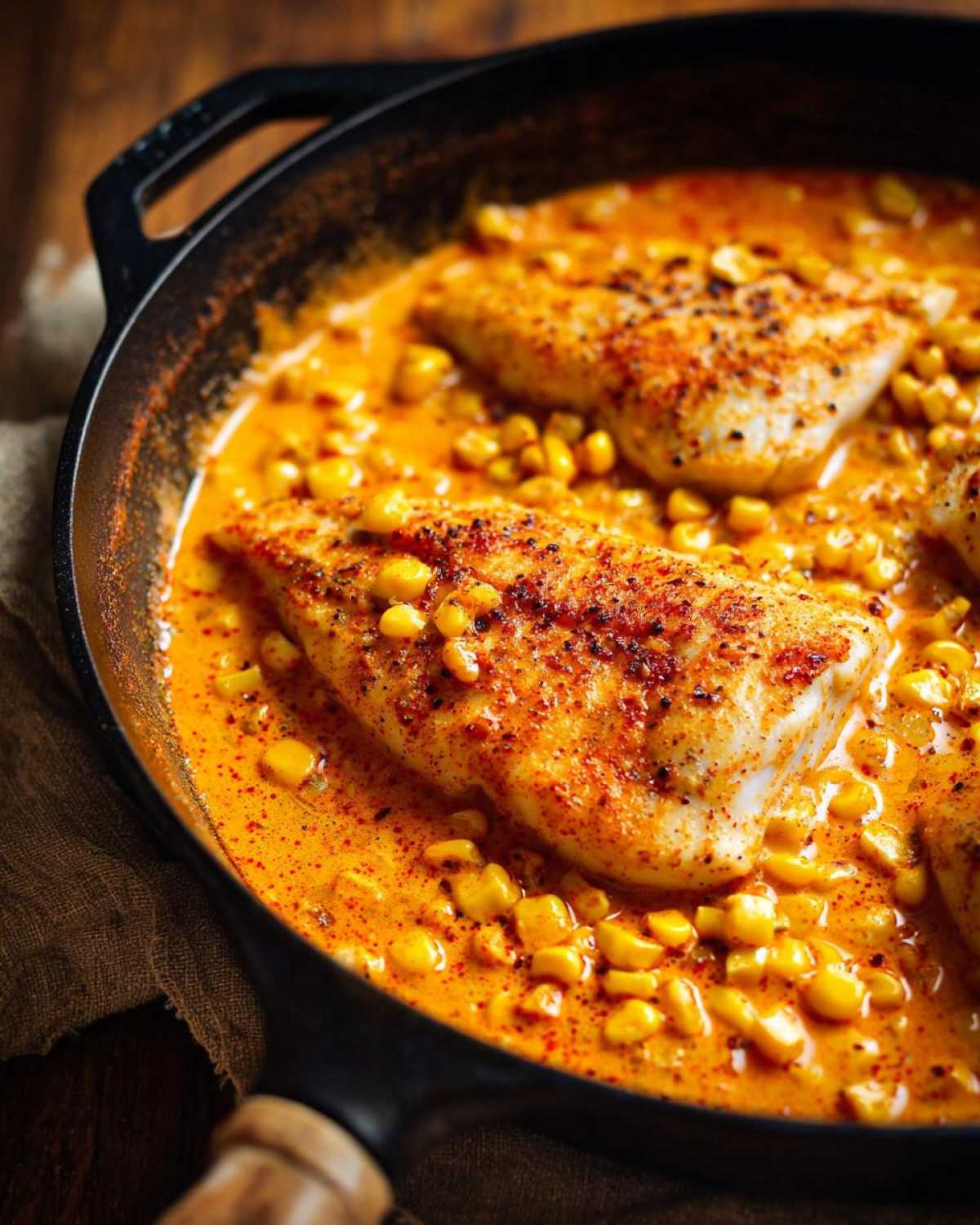 Close-up of One-Pan Creamy Cajun Catfish with Corn cooking in a cast-iron skillet with rich orange sauce.