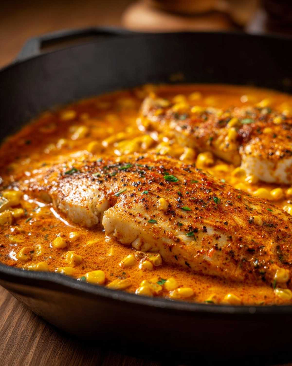 Close-up of One-Pan Creamy Cajun Catfish with Corn simmering in a rich, orange sauce in a black cast iron skillet.