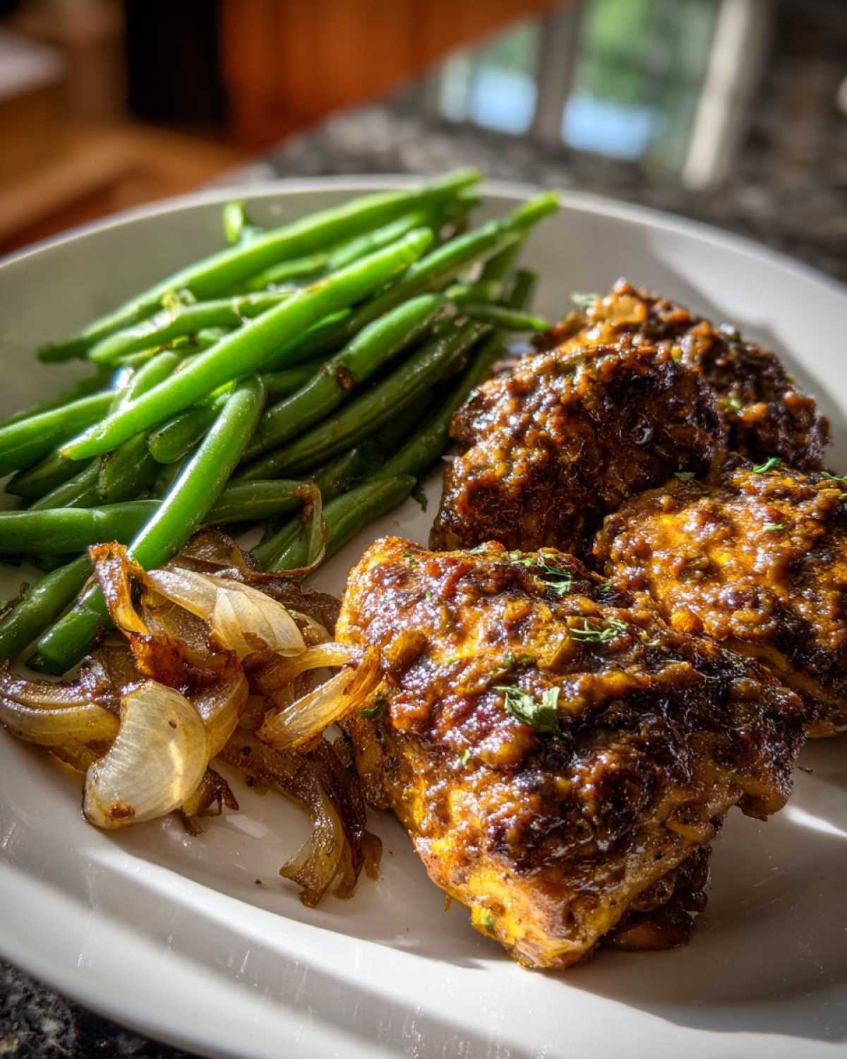 Plate featuring One-Pan Dijon Chicken with Green Beans and Shallots, glistening with sauce.