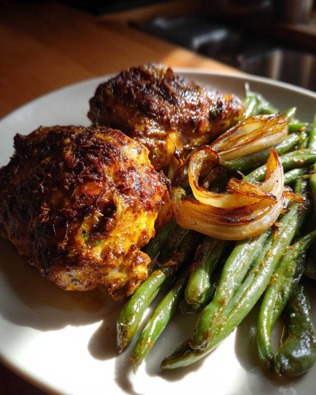 Two pieces of browned One-Pan Dijon Chicken served with roasted green beans and caramelized shallots.
