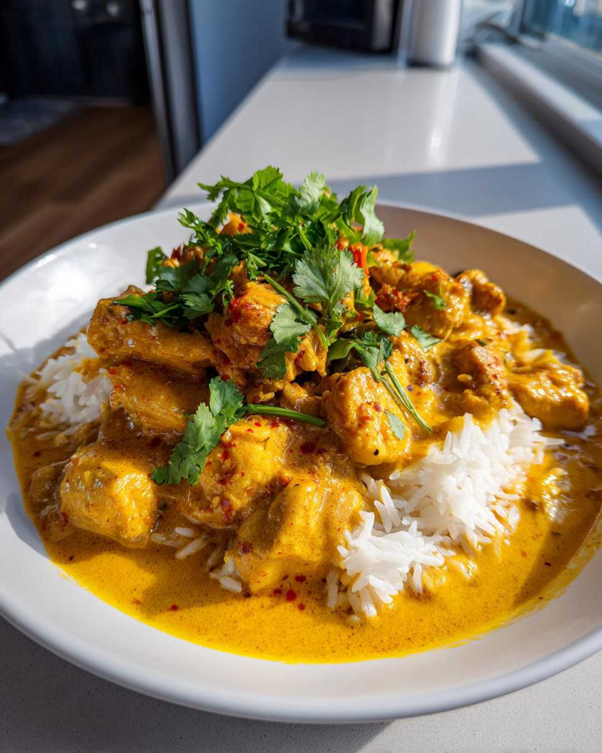 A bowl of vibrant One-Pot Coconut Curry Chicken and Rice topped with fresh cilantro.