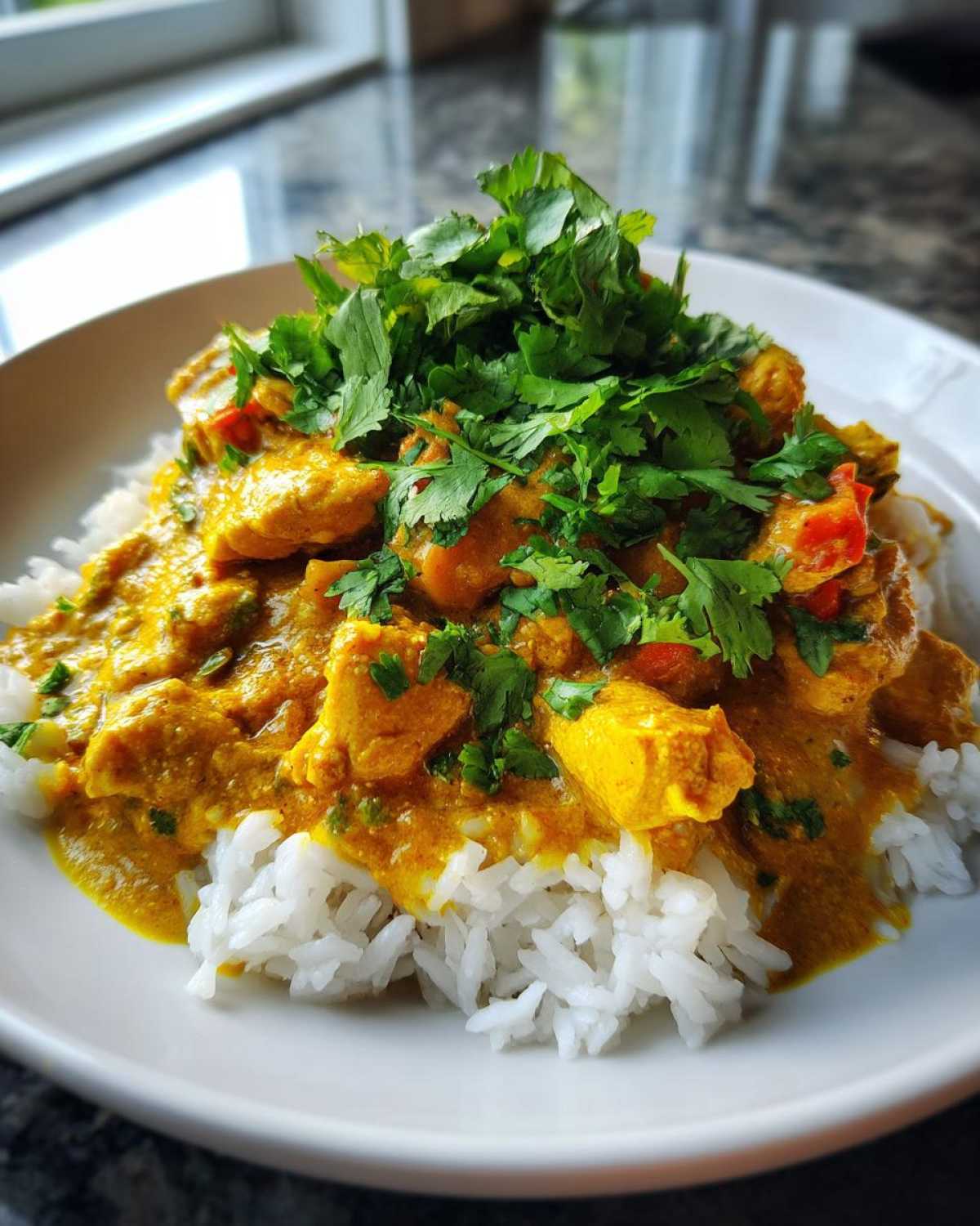 A close-up of One-Pot Coconut Curry Chicken and Rice served over white rice, topped with fresh cilantro.