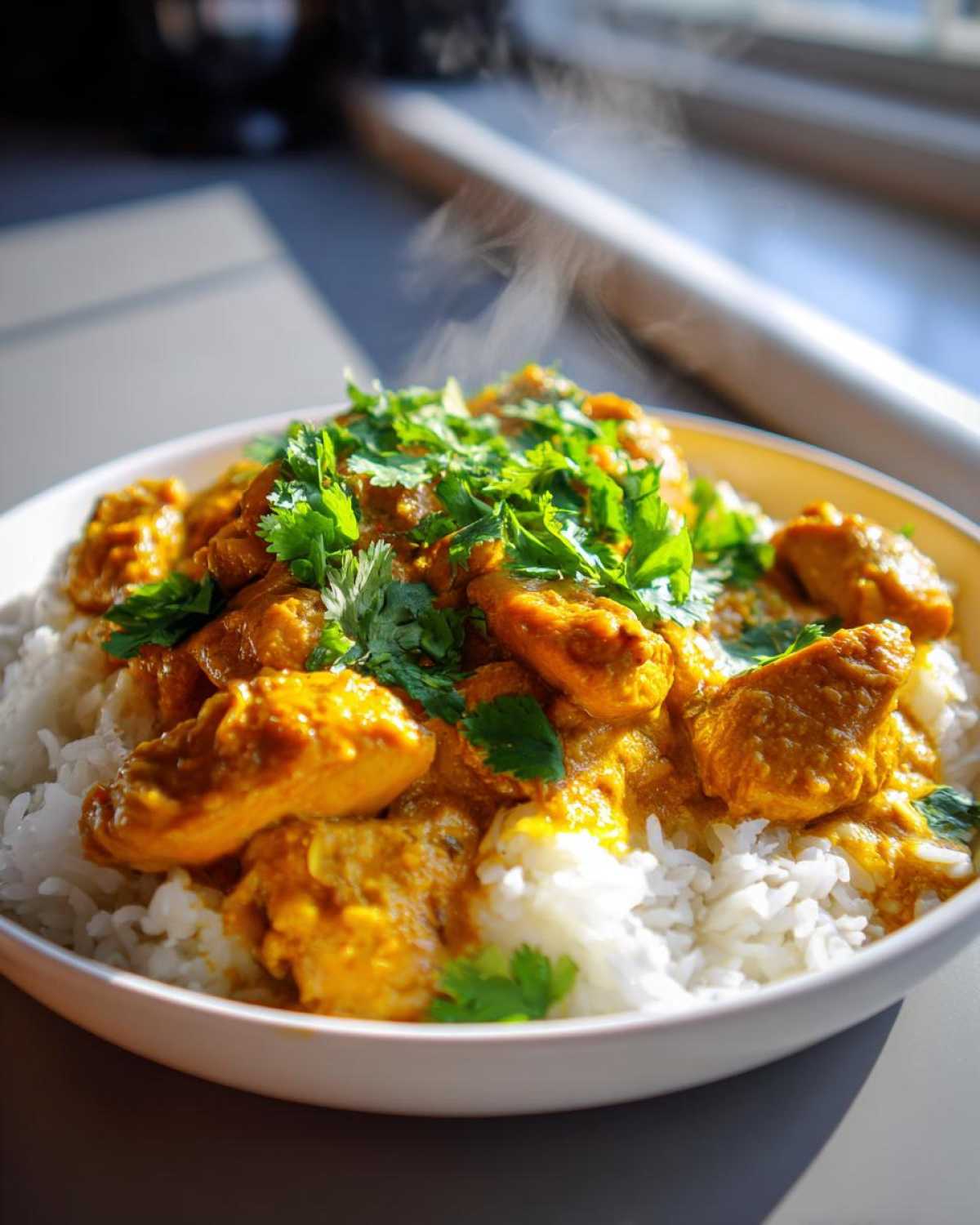 Close-up of hot One-Pot Coconut Curry Chicken and Rice topped with fresh cilantro.