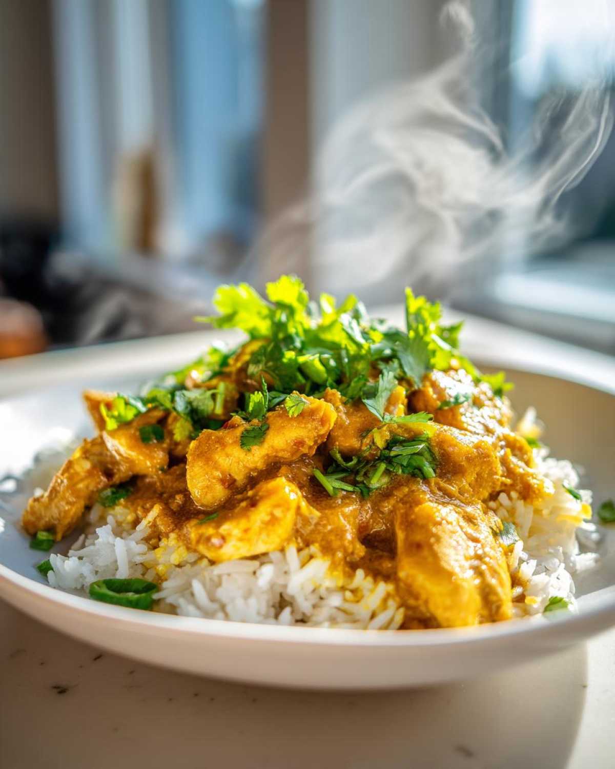 Close-up of steaming One-Pot Coconut Curry Chicken and Rice topped with fresh cilantro.