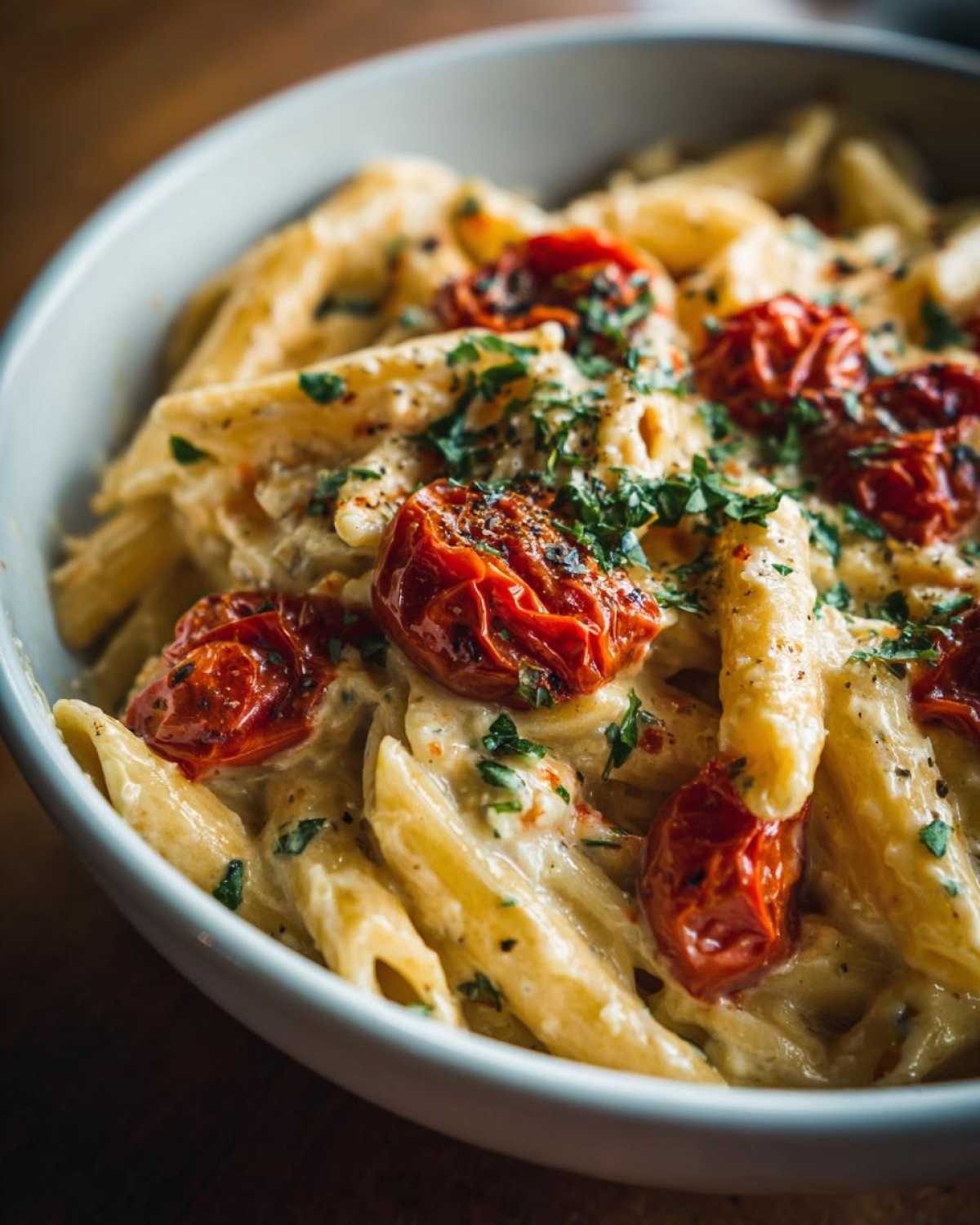 Close-up of One-Pot Creamy Goat Cheese Pasta with penne, roasted tomatoes, and fresh parsley.