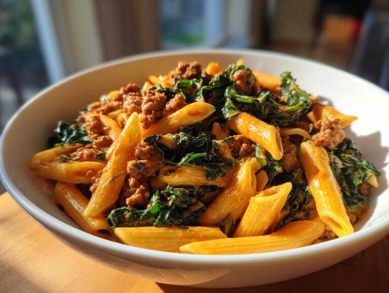 A close-up of a white bowl filled with One-Pot Spicy Sausage and Kale Pasta featuring penne, ground sausage, and wilted kale.