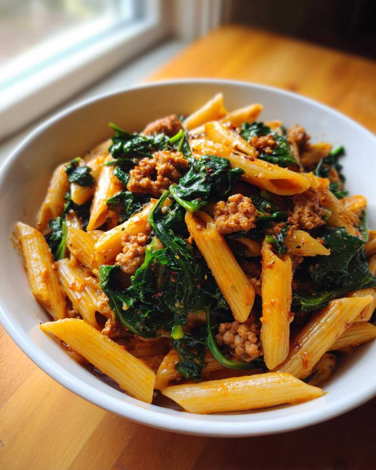 A close-up of a white bowl filled with One-Pot Spicy Sausage and Kale Pasta, featuring penne, crumbled sausage, and wilted kale.