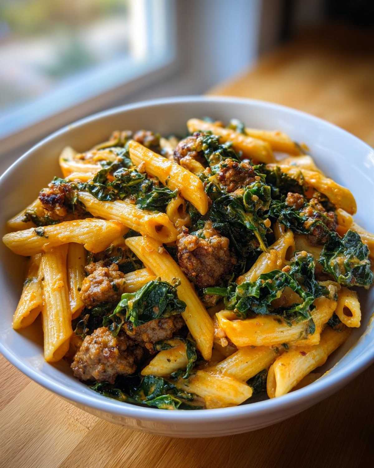 Close-up of a white bowl filled with One-Pot Spicy Sausage and Kale Pasta, featuring penne, sausage crumbles, and wilted kale.