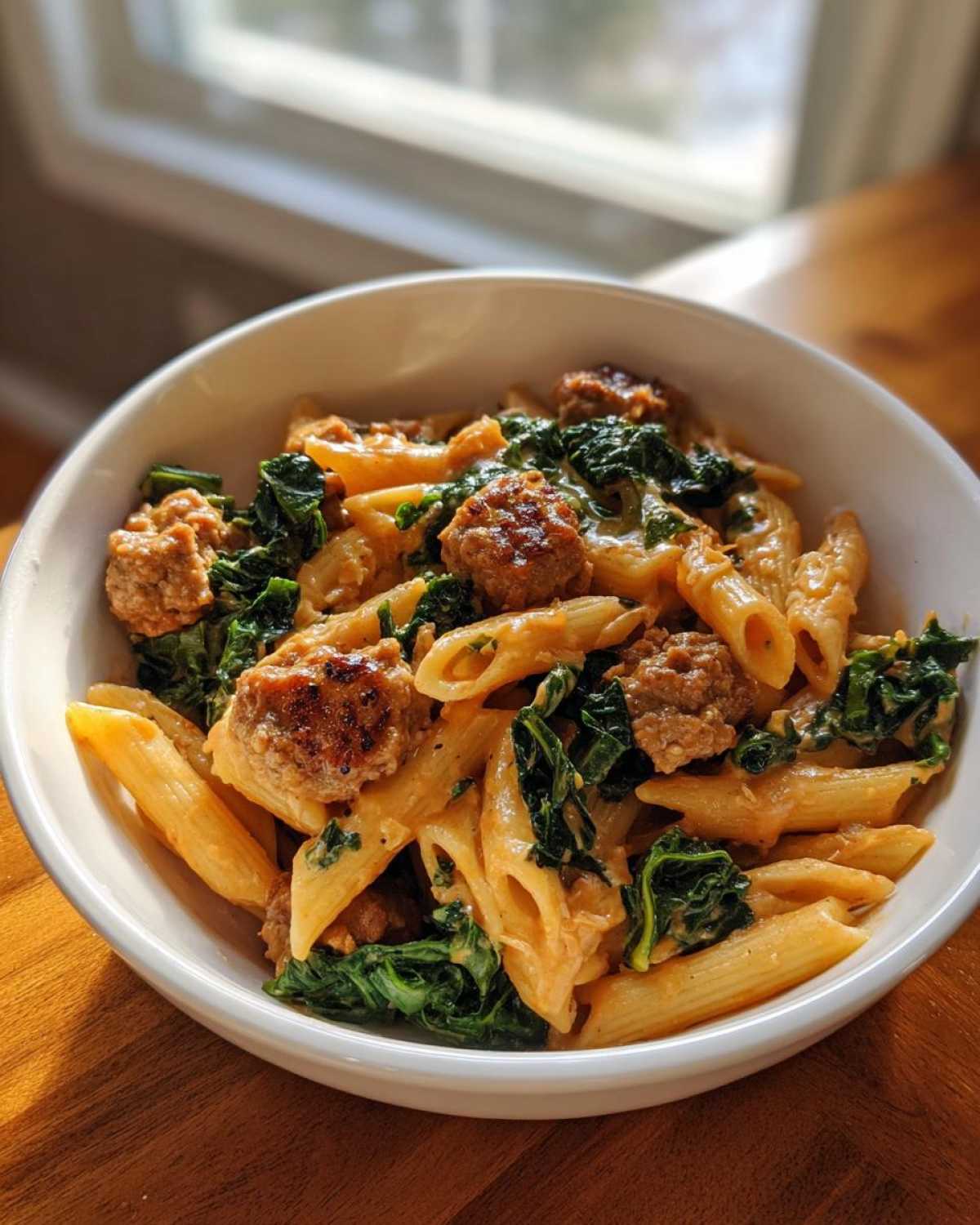 A close-up of a white bowl filled with One-Pot Spicy Sausage and Kale Pasta, featuring penne, sausage crumbles, and wilted kale.