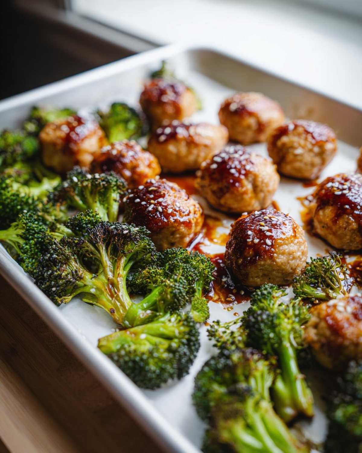 Close-up of Sheet Pan Ginger Sesame Chicken Meatballs with roasted broccoli florets on a baking sheet.
