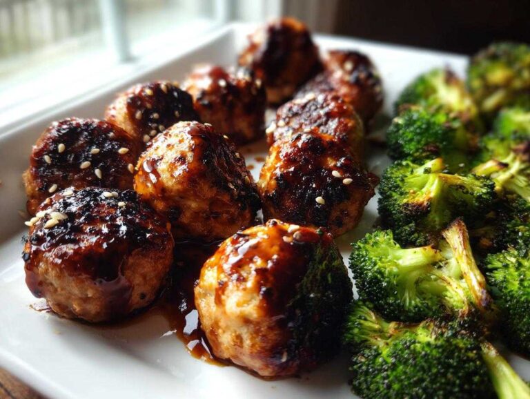 Glazed Sheet Pan Ginger Sesame Chicken Meatballs served alongside roasted broccoli florets on a white platter.