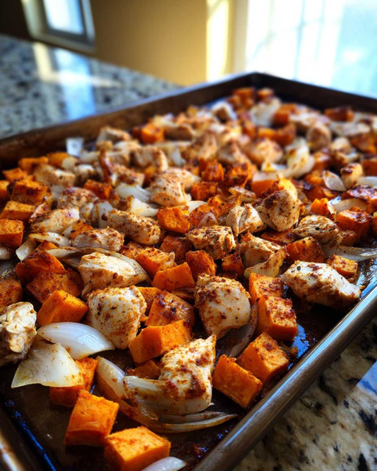 Close-up of raw, cubed chicken and sweet potatoes seasoned on a sheet pan for Sheet Pan Harissa Chicken.