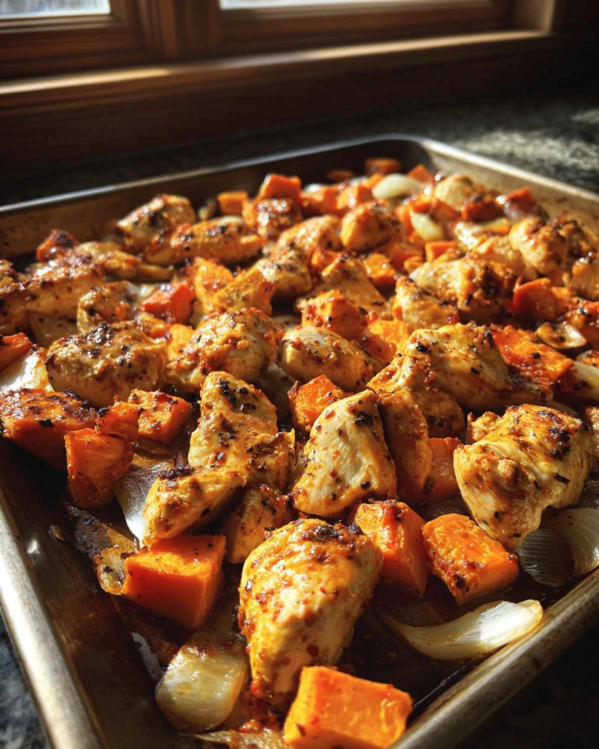 Close-up of Sheet Pan Harissa Chicken with Sweet Potatoes and onions, roasted on a baking tray.