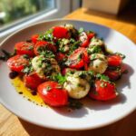 Close-up of a bright white plate featuring a fresh 15 Minute Caprese Salad with halved cherry tomatoes, mozzarella balls, and basil drizzled with balsamic glaze.