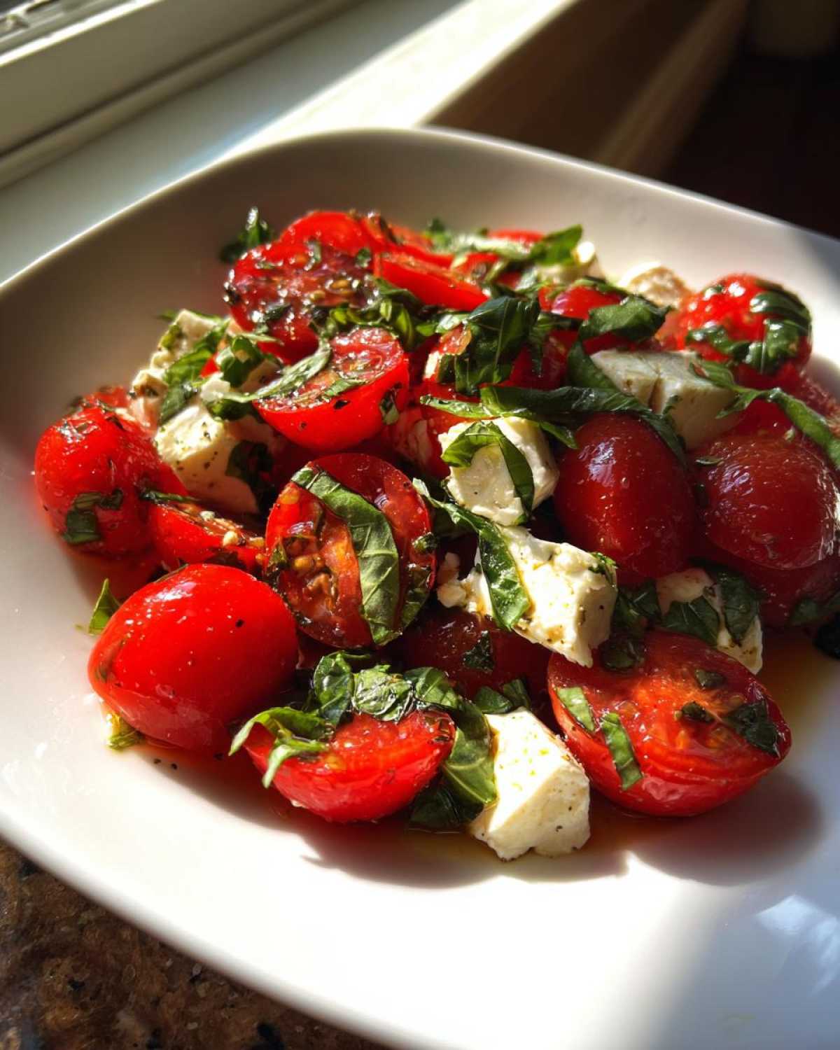 Bright, sunlit close-up of 15 Minute Caprese Salad featuring halved cherry tomatoes, mozzarella cubes, and fresh basil.