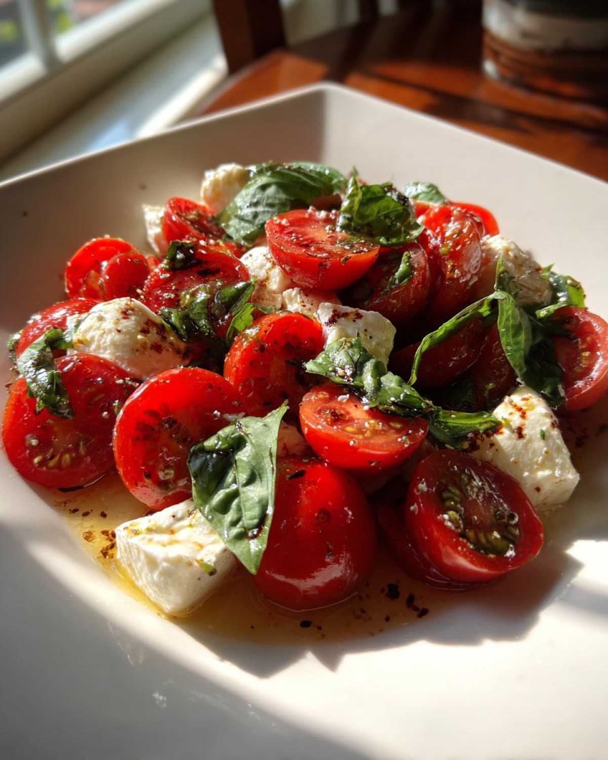 Close-up of a vibrant 15 Minute Caprese Salad featuring halved cherry tomatoes, fresh mozzarella, and basil leaves.