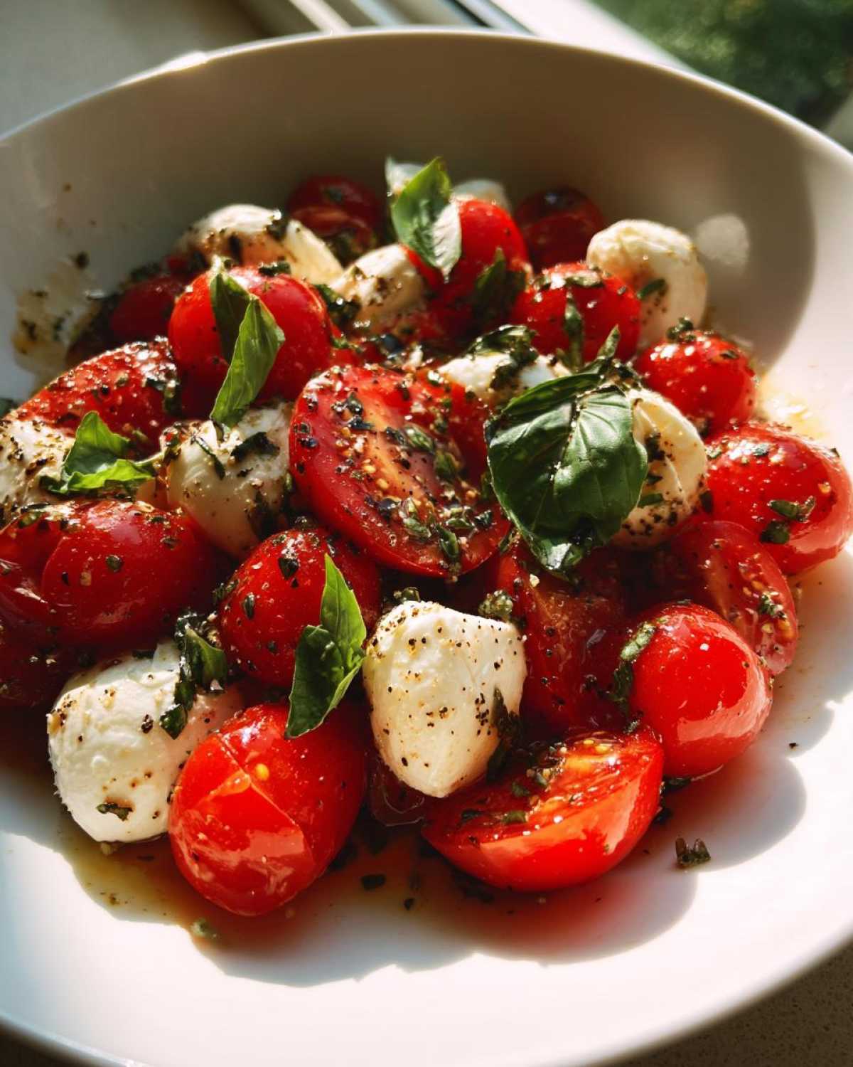 Close-up of a bright 15 Minute Caprese Salad featuring halved cherry tomatoes, mozzarella balls, and fresh basil drizzled with dressing.