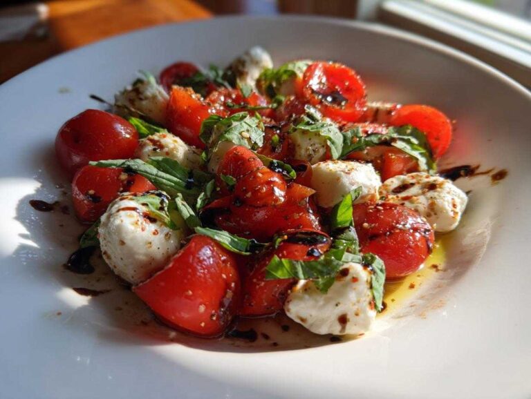 Close-up of a vibrant 15 Minute Caprese Salad featuring halved cherry tomatoes, mozzarella balls, and fresh basil drizzled with balsamic glaze.