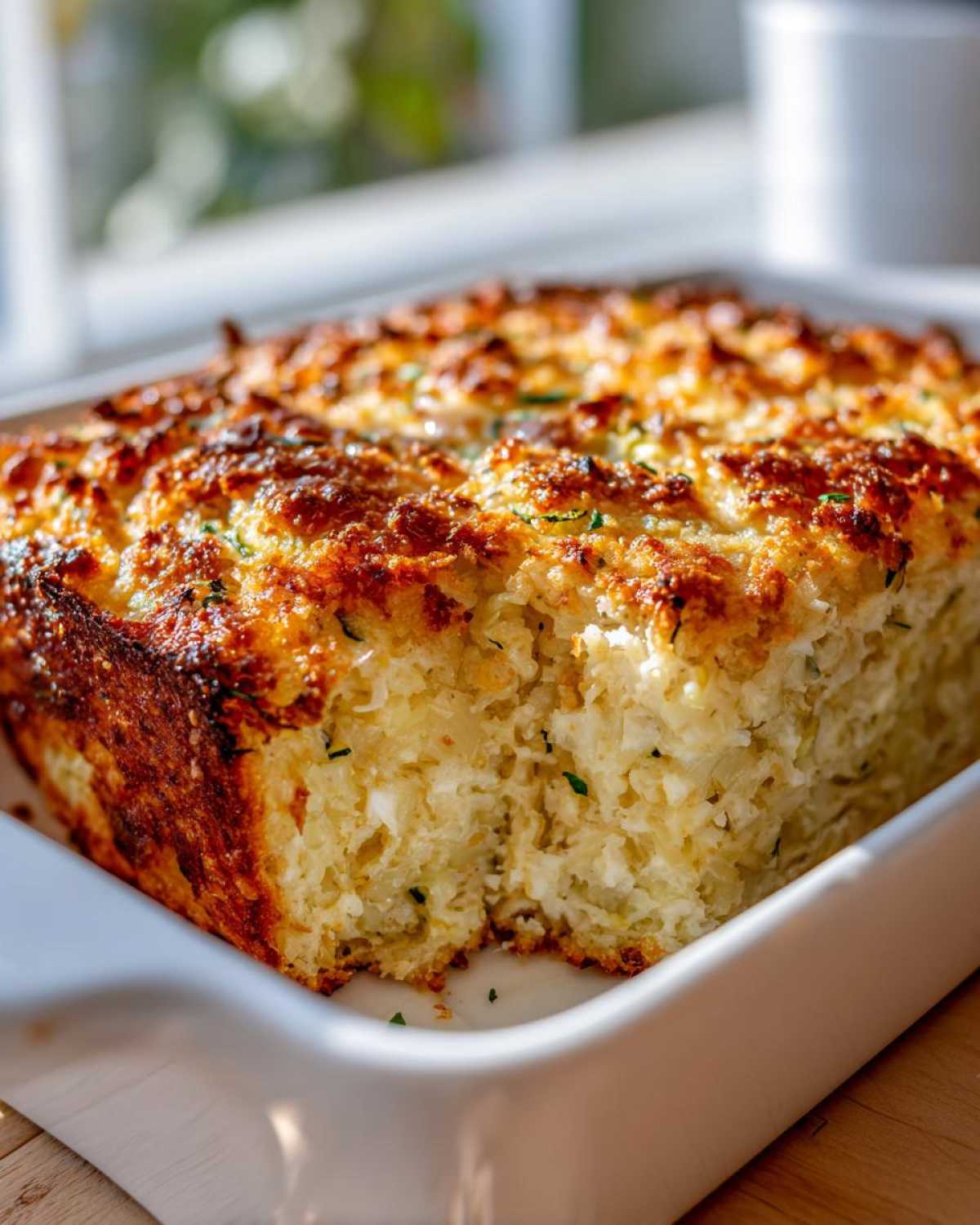 A close-up of a golden-brown, cheesy Addictive Zucchini Casserole baked in a white ceramic dish.