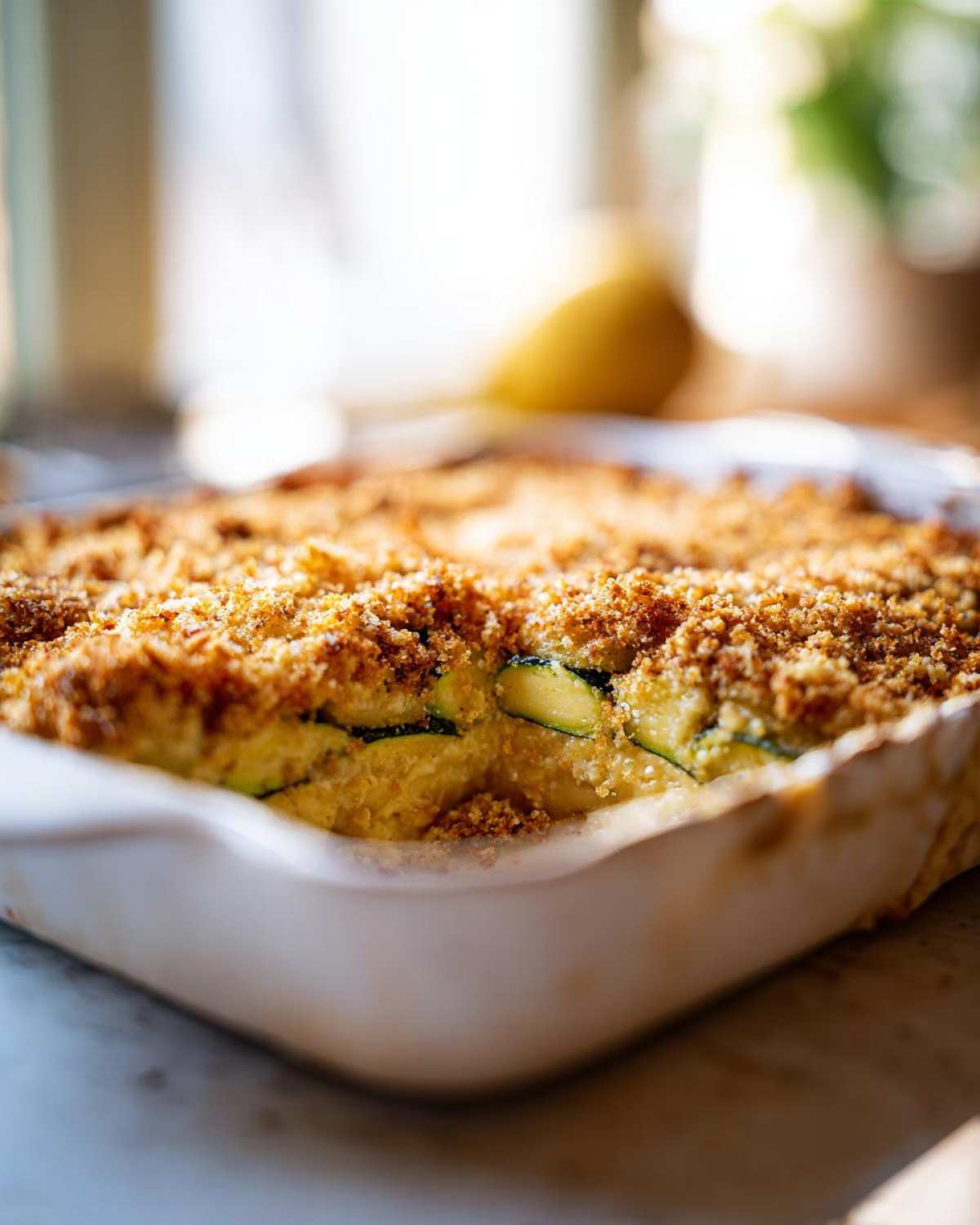 Close-up of a golden brown, crumb-topped Addictive Zucchini Casserole baked in a white dish.