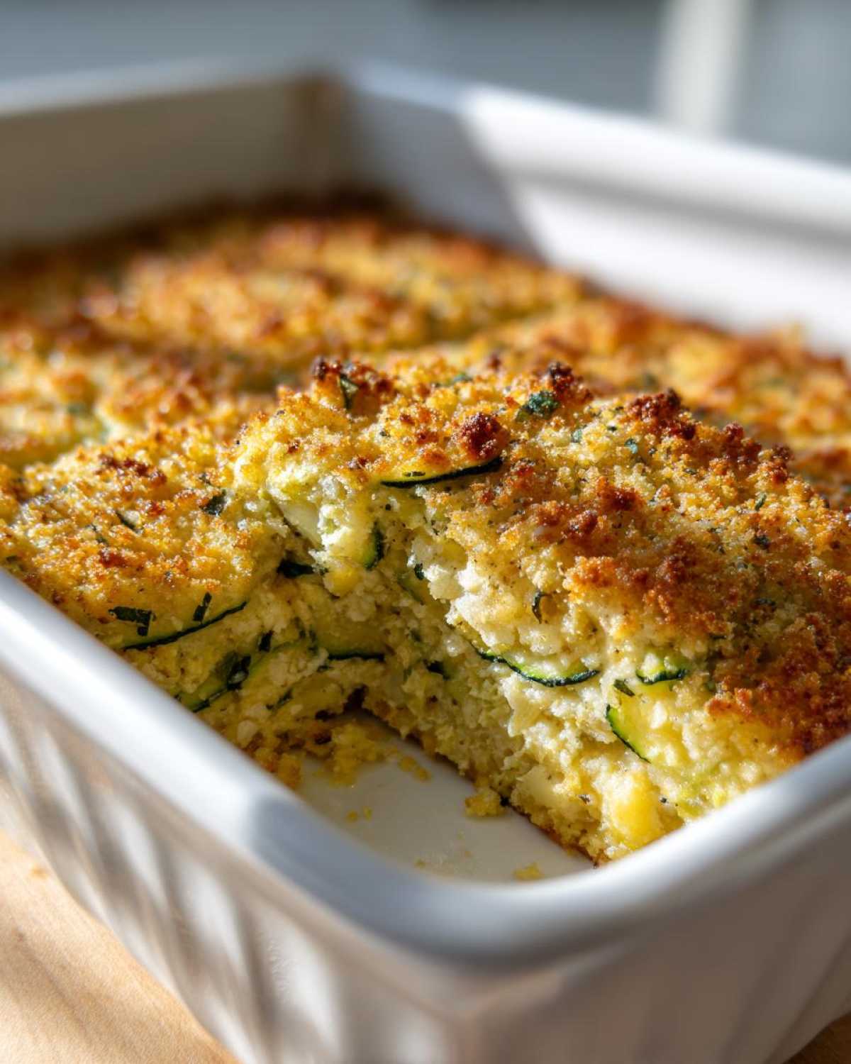 Close-up of a freshly baked Addictive Zucchini Casserole with a golden, crispy topping, showing a serving removed from the white baking dish.