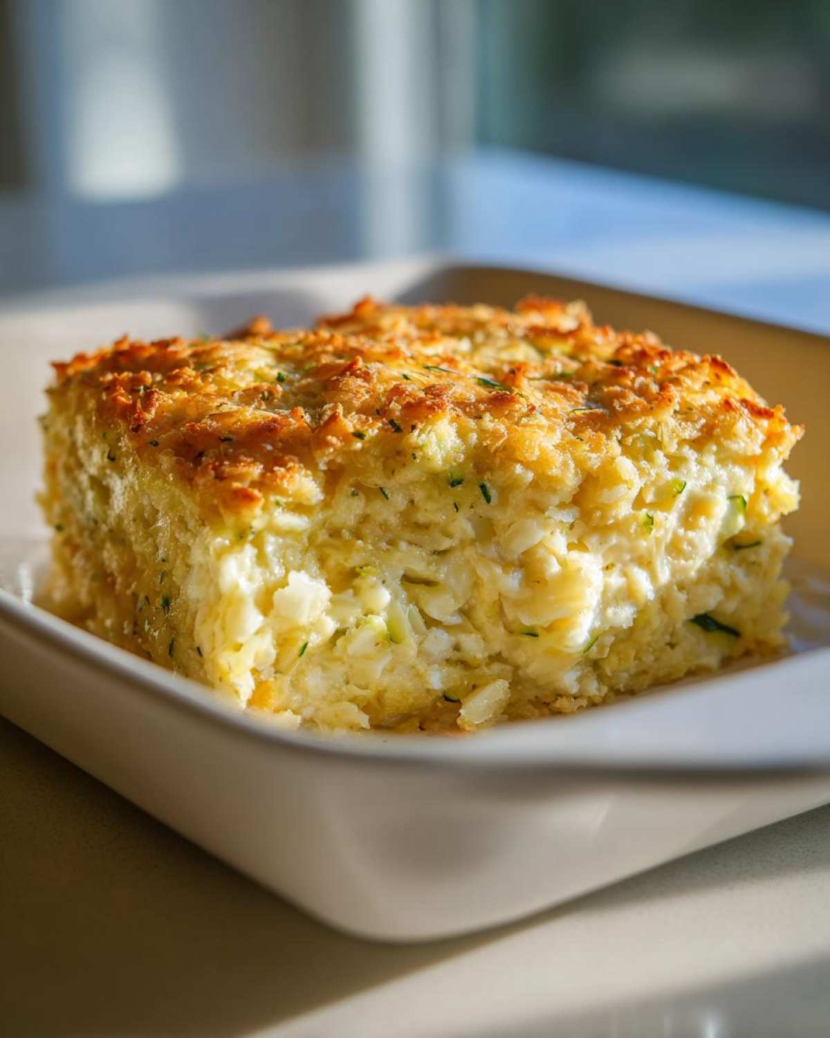 A square slice of Addictive Zucchini Casserole with a creamy interior and a golden, crunchy topping.
