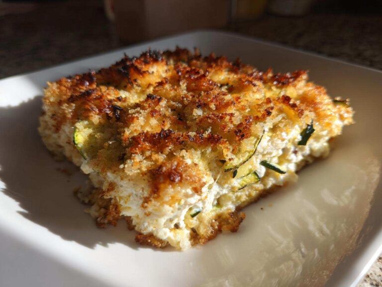 A square serving of Addictive Zucchini Casserole with a thick, golden-brown, crispy breadcrumb topping.