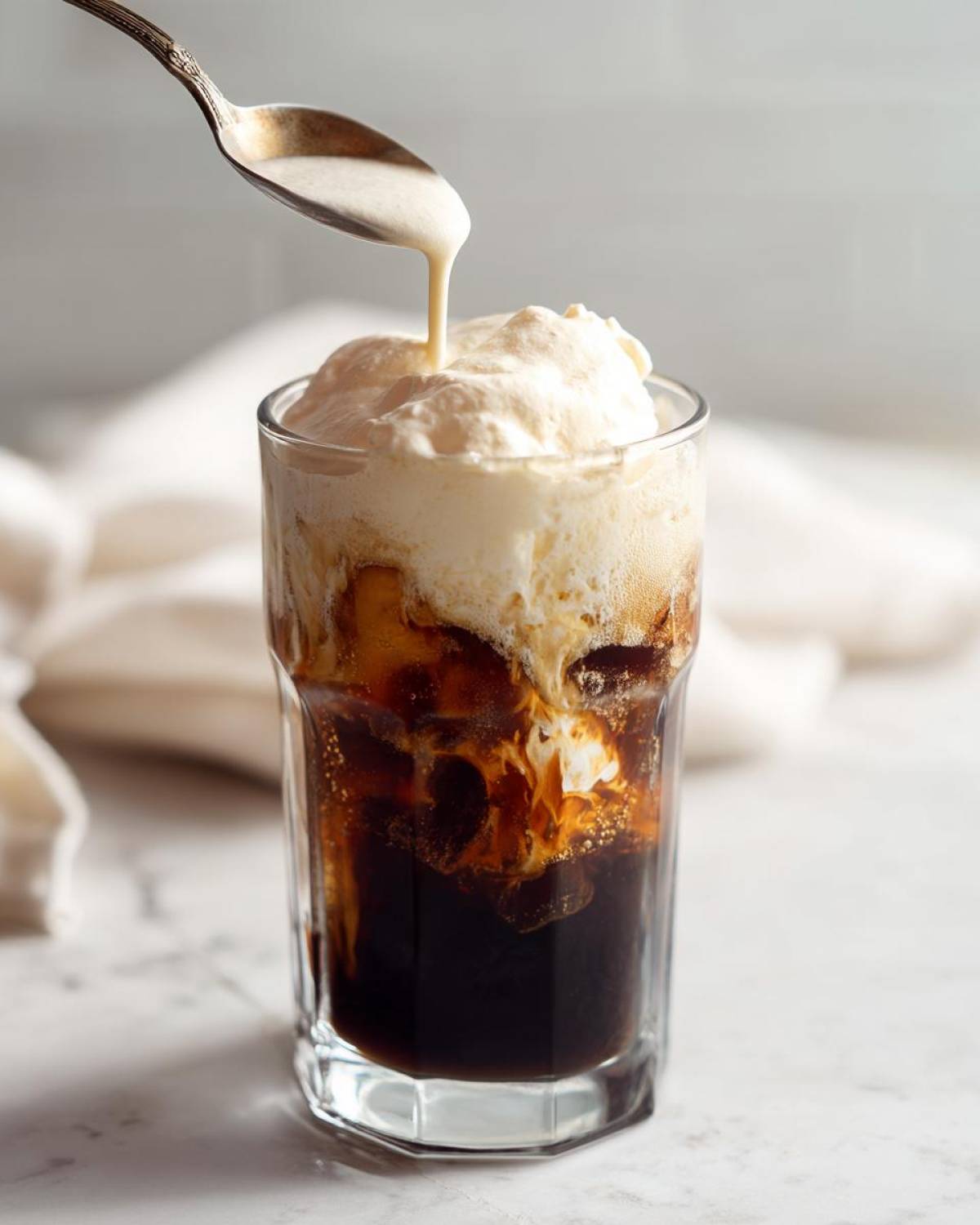 A spoon drizzles creamy Copycat Starbucks Vanilla Sweet Cream Cold Foam onto a glass of dark iced coffee.