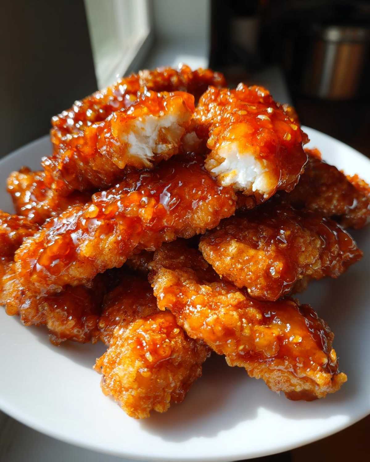 A pile of crispy Air Fryer Hot Honey Chicken Tenders coated in a thick, glossy, orange-red glaze.