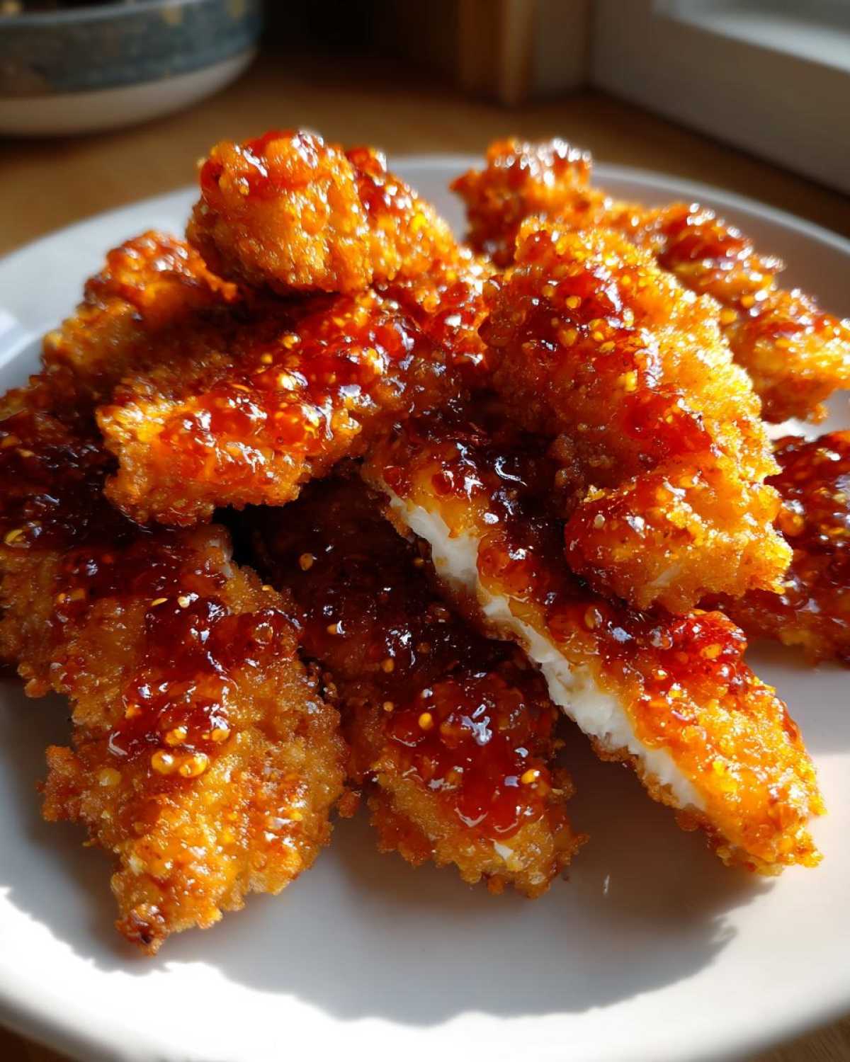 Close-up of crispy Air Fryer Hot Honey Chicken Tenders coated in a glistening, spicy-sweet glaze.