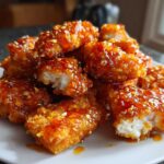 A pile of crispy Air Fryer Hot Honey Chicken Tenders coated in a shiny, sweet and spicy glaze and sesame seeds.