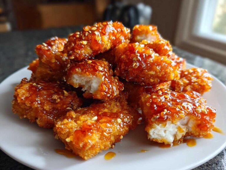 A pile of crispy Air Fryer Hot Honey Chicken Tenders coated in a shiny, sweet and spicy glaze and sesame seeds.