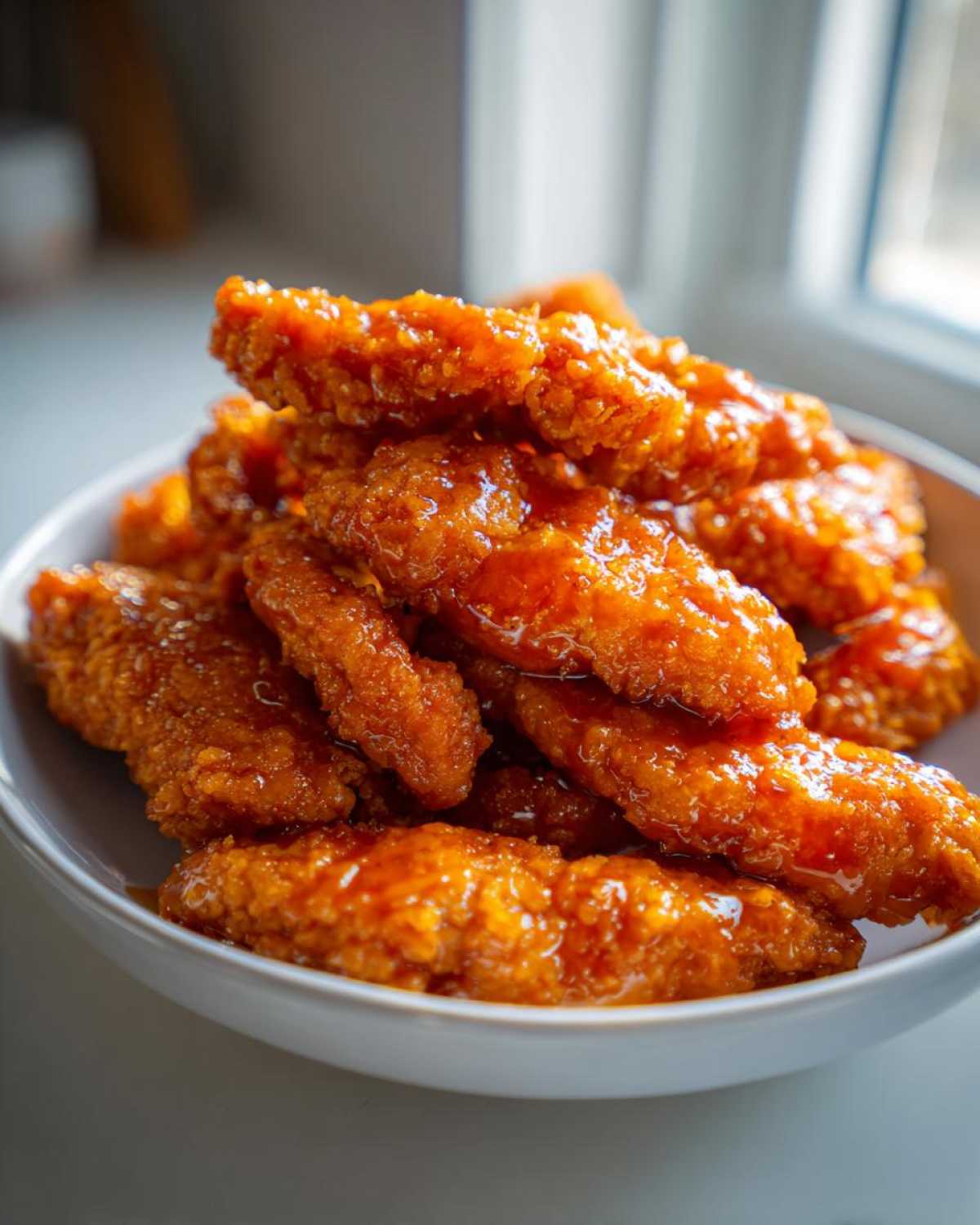 A close-up of crispy Air Fryer Hot Honey Chicken Tenders piled high in a white bowl, glistening with sweet and spicy glaze.