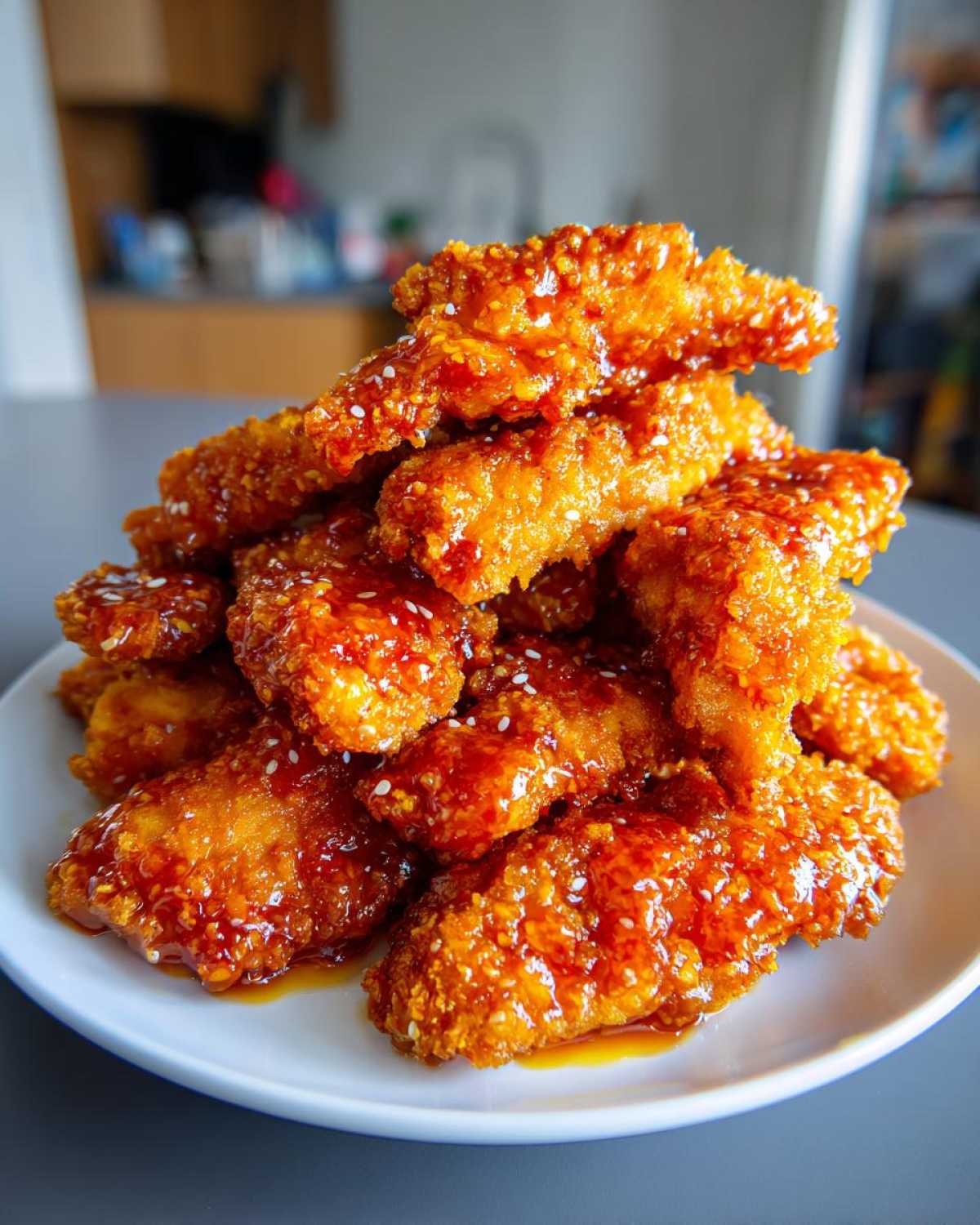 A tall pile of crispy Air Fryer Hot Honey Chicken Tenders coated in a glossy, sticky sauce and sprinkled with sesame seeds.