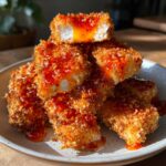 Stack of crispy Air Fryer Hot Honey Chicken Tenders drizzled with shiny, spicy glaze.