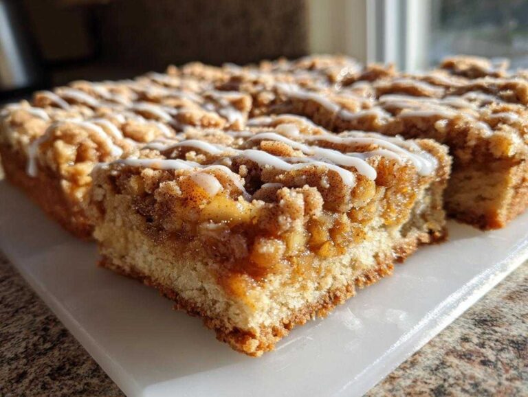 A close-up view of freshly cut apple pie bars featuring a thick layer of cinnamon apple filling, crumb topping, and a white icing drizzle.