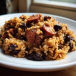 A close-up of a hearty serving of seasoned beans and rice mixed with slices of smoked sausage on a white plate.
