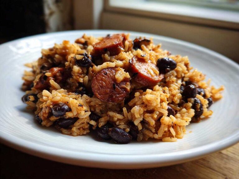 A close-up of a hearty serving of seasoned beans and rice mixed with slices of smoked sausage on a white plate.