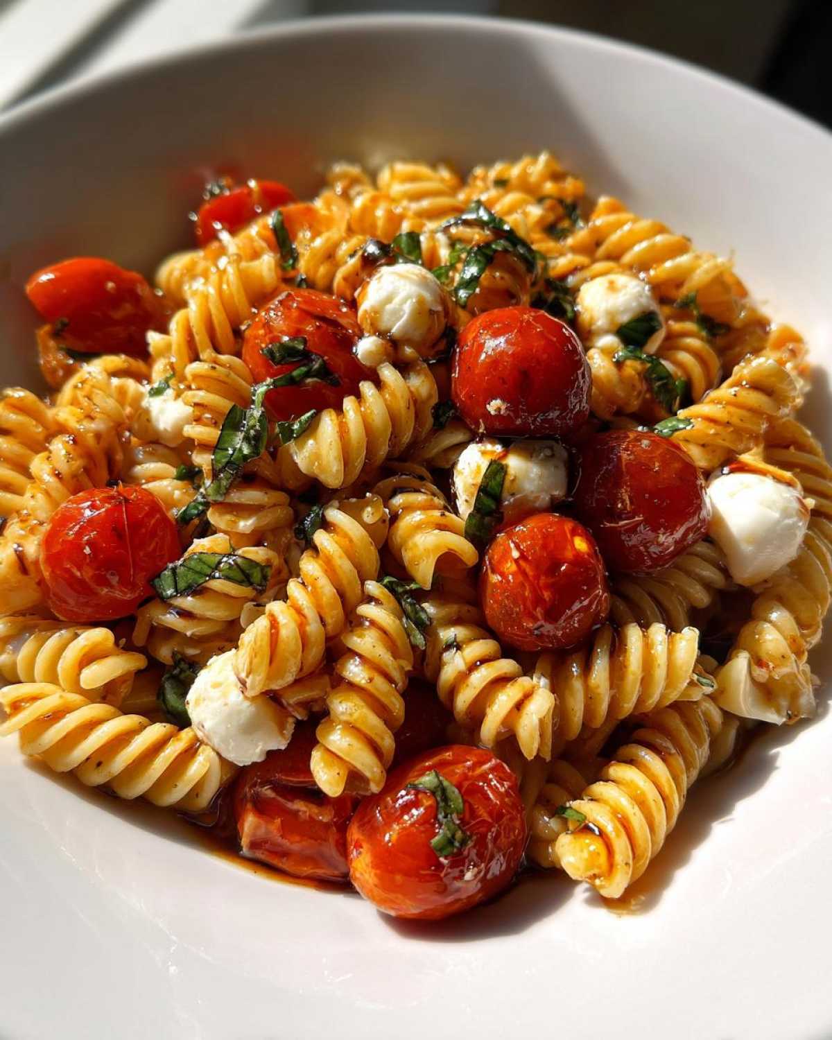 A close-up view of Amazing Caprese Pasta Salad featuring rotini pasta, roasted cherry tomatoes, mozzarella pearls, and fresh basil.