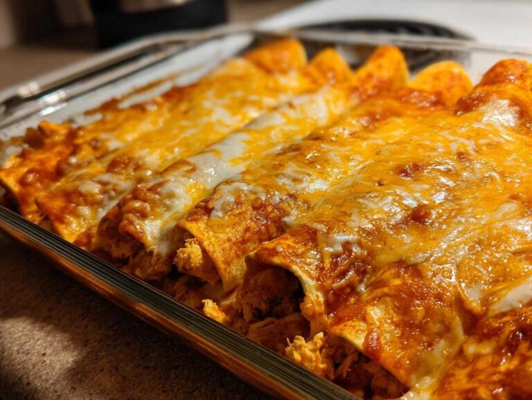 Close-up of freshly baked chicken enchiladas covered in melted cheddar and Monterey Jack cheese.
